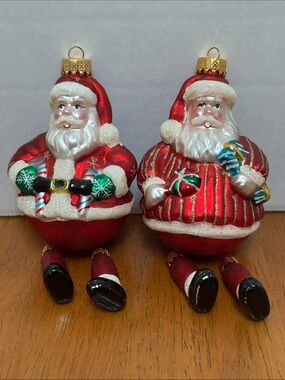 2-Old Time Pottery Santa glass Christmas ornaments. Red W/ white & gold trim.